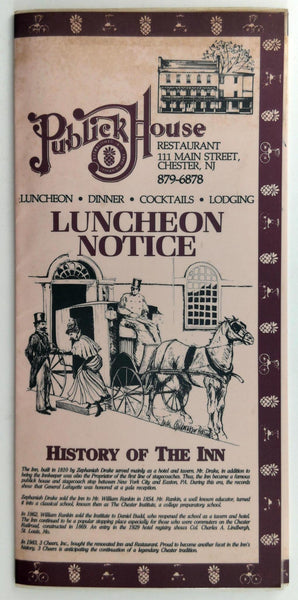 1980's Publick House Original Vintage Restaurant Lunch Menu Chester New Jersey
