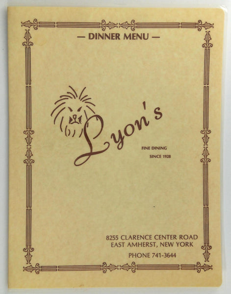 1980's LYON'S Original Vintage Restaurant Menu East Amherst New York