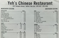 1980's YEH'S Chinese Restaurant Buffalo New York Original Vintage Menu