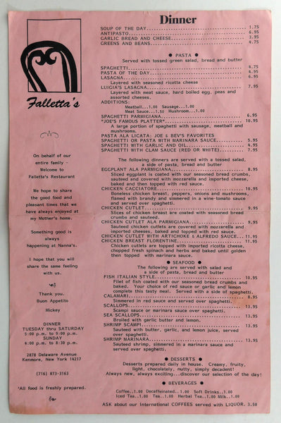 1980's FALLETTA'S Italian Restaurant Kenmore New York Original Menu
