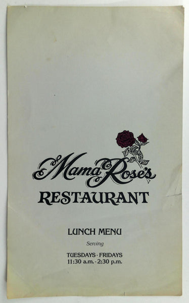 1980's Mama Rose's Restaurant Original Vintage Lunch Menu