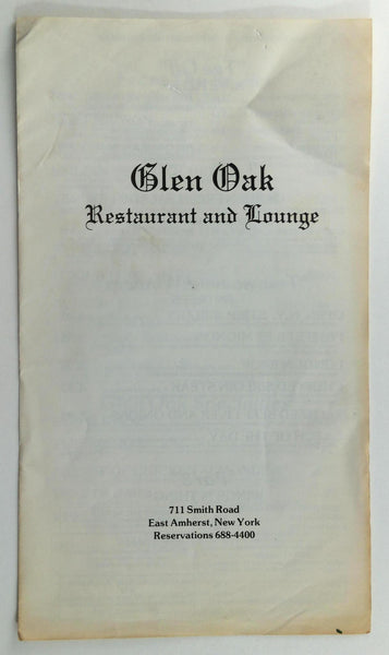 1980's Glen Oak Restaurant & Lounge Golf Club Course East Amherst New York Menu