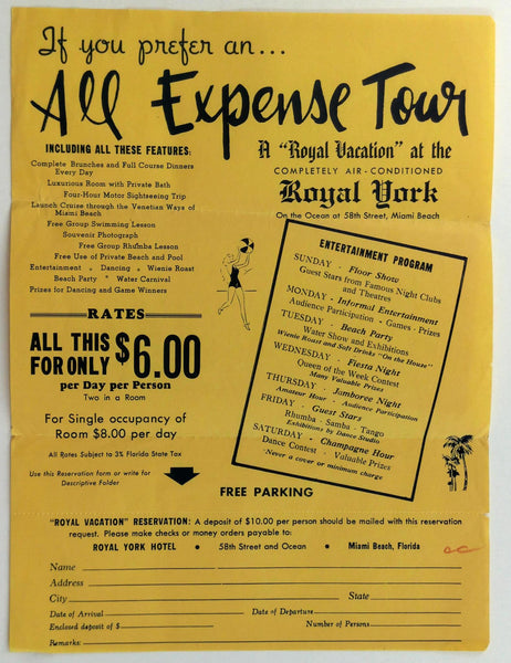 1950's Royal York Hotel Advert Reservation Royal Vacation Miami Beach Florida
