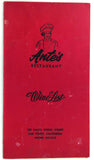 1976 Original WINE LIST Menu ANTE'S RESTAURANT Yugoslavian San Pedro CA