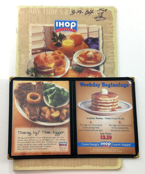 2004 IHOP International House Of Pancakes Restaurant Heavy Laminated Signed Menu