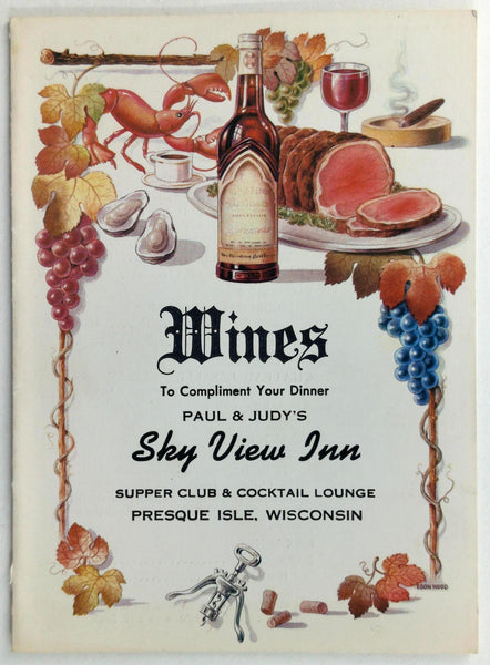Vintage Menu Mailer Paul & Judy's Sky View Inn Restaurant Presque Isle Wisconsin