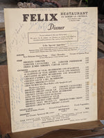 1948 Felix Restaurant S. La Cienega Los Angeles California Signed Vintage Menu
