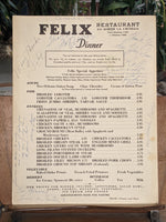 1948 Felix Restaurant S. La Cienega Los Angeles California Signed Vintage Menu
