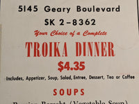 1960's Restaurant Troika Russian Cuisine San Francisco California Vintage Menu