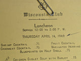 1949 Wisconsin Club Restaurant & Golf Resort Milwaukee Wisconsin Vintage Menu