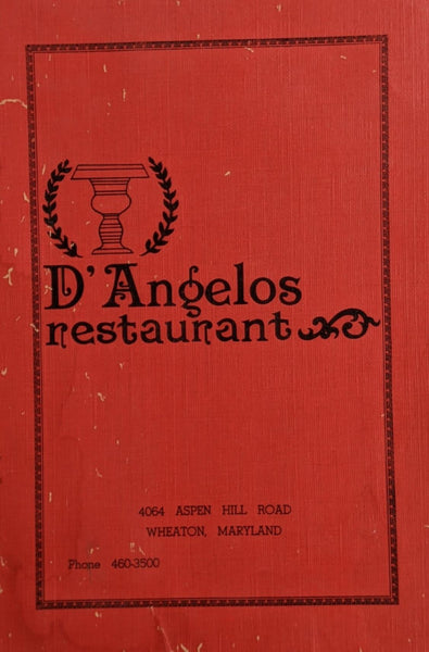 1970's D' Angelos Italian Restaurant Wheaton Maryland Vintage Menu