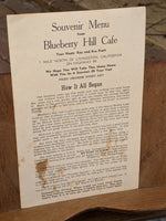 1950's Blueberry Hill Cafe Restaurant Livingston California Menu Ray & Eva Pratt
