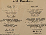 1940's Nueces Hotel Breakfast Food Selections Menu Corpus Christi Texas