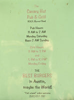 Canary Hut Pub & Grill Restaurant Vintage Menu Austin Texas