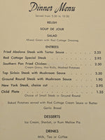 1950's The Red Cottage Restaurant Menlo Park California Vintage Dinner Menu