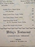 1930's 1940's Willey's Restaurant Vintage Breakfast Menu Lyndonville Vermont