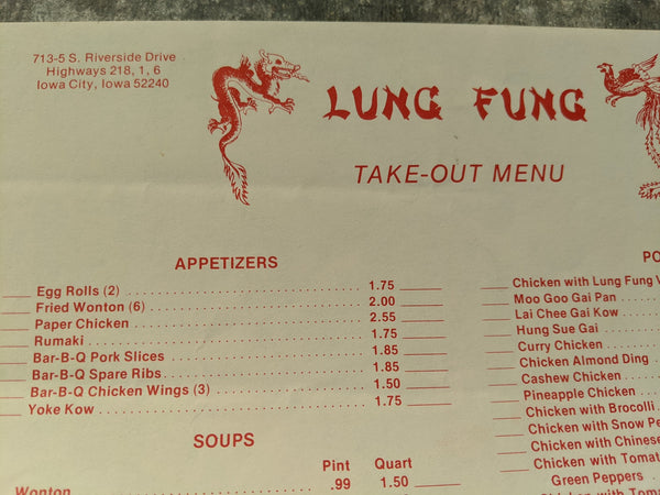 Lung Fung Chinese Restaurant Vintage Take-Out Menu Iowa City Iowa