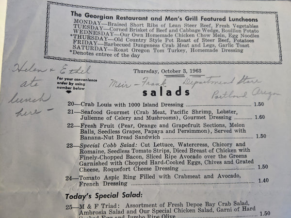 1963 The Georgian Restaurant & Men's Grill Menu Meier & Frank Portland Oregon