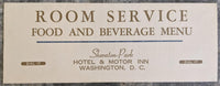 1970's Sheraton Park Hotel & Motor Inn Room Service Menu Washington DC
