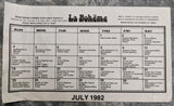 1982 LA BOHEME Restaurant Nightly Calendar Vegetarian Dinners Carmel California