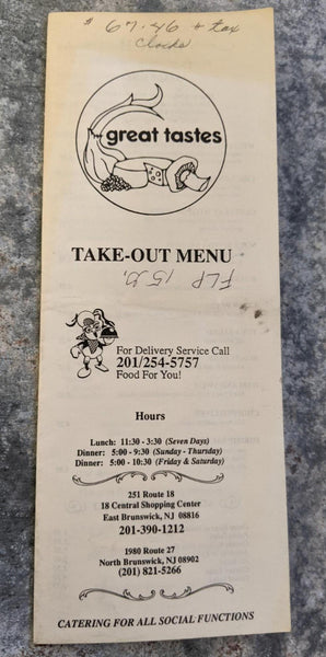 1980's GREAT TASTES Restaurant Take-Out Menu East & North Brunswick New Jersey