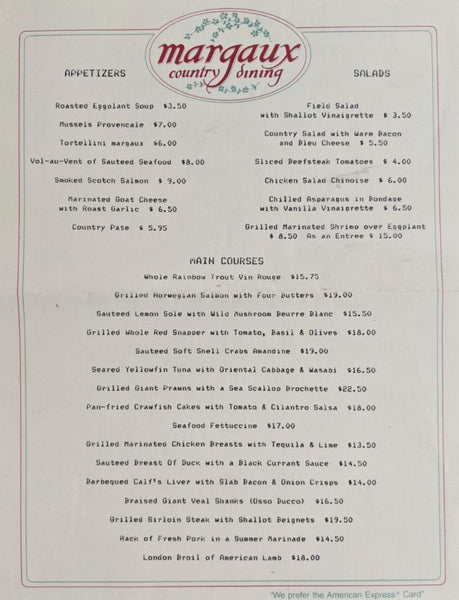 Vintage Menu MARGAUX COUNTRY DINING Restaurant Colts Neck New Jersey