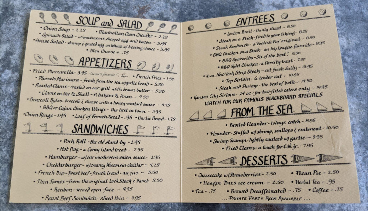 1980's The VARSITY CLUB Restaurant Vintage Mini Menu Fair Haven New Je ...