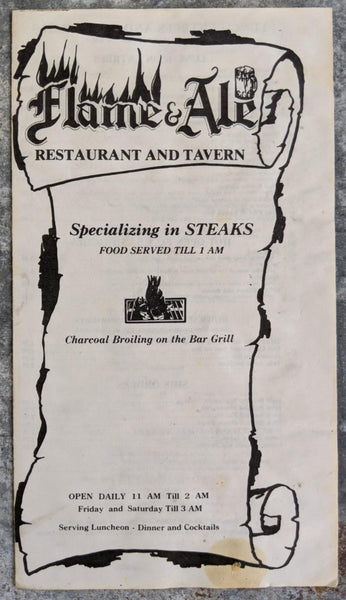 1980's FLAME & ALE Restaurant Tavern Menu Edison New Jersey Charcoal Steaks