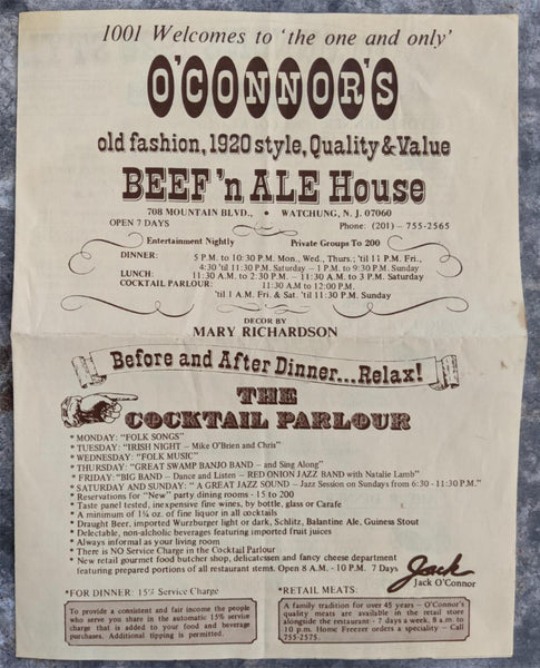 1975 O'CONNOR'S Beef & Ale House Vintage Restaurant Menu Watchung New Jersey