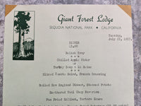 1957 GIANT FOREST LODGE Restaurant Menu Sequoia National Park California