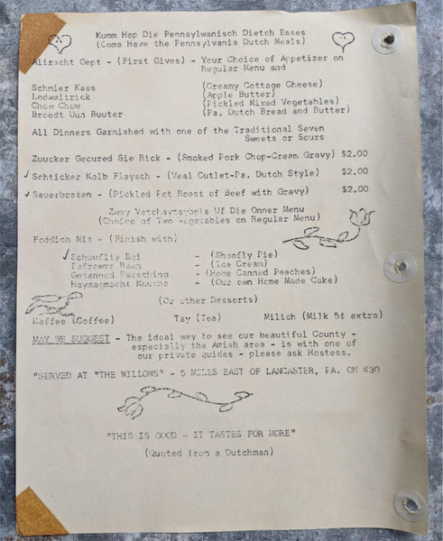 1950's THE WILLOWS Hotel Restaurant Menu Lancaster Pennsylvania Dutch Meals