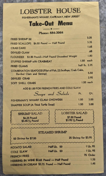 Vintage LOBSTER HOUSE Take Out Menu at Fisherman's Wharf Cape May New Jersey