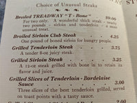 1950's TREADWAY Steak House Menu Lincoln House Sturbridge Massachusetts