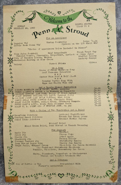 1960 PENN STROUD Restaurant Dinner Menu Stroudsburg Pennsylvania